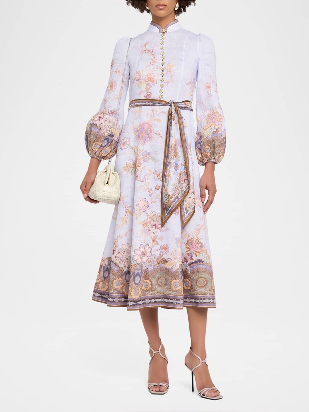 Zimmermann Lilac Floral-Print Long-Sleeve Midi Dress with Self-Tie Belt